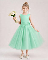 Mint Green Satin and Tulle A-Line Flower Girl Dresses Front View