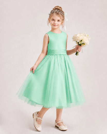 Dideyttawl Satin and Tulle Flower Girl Dress with Back Rose Bow