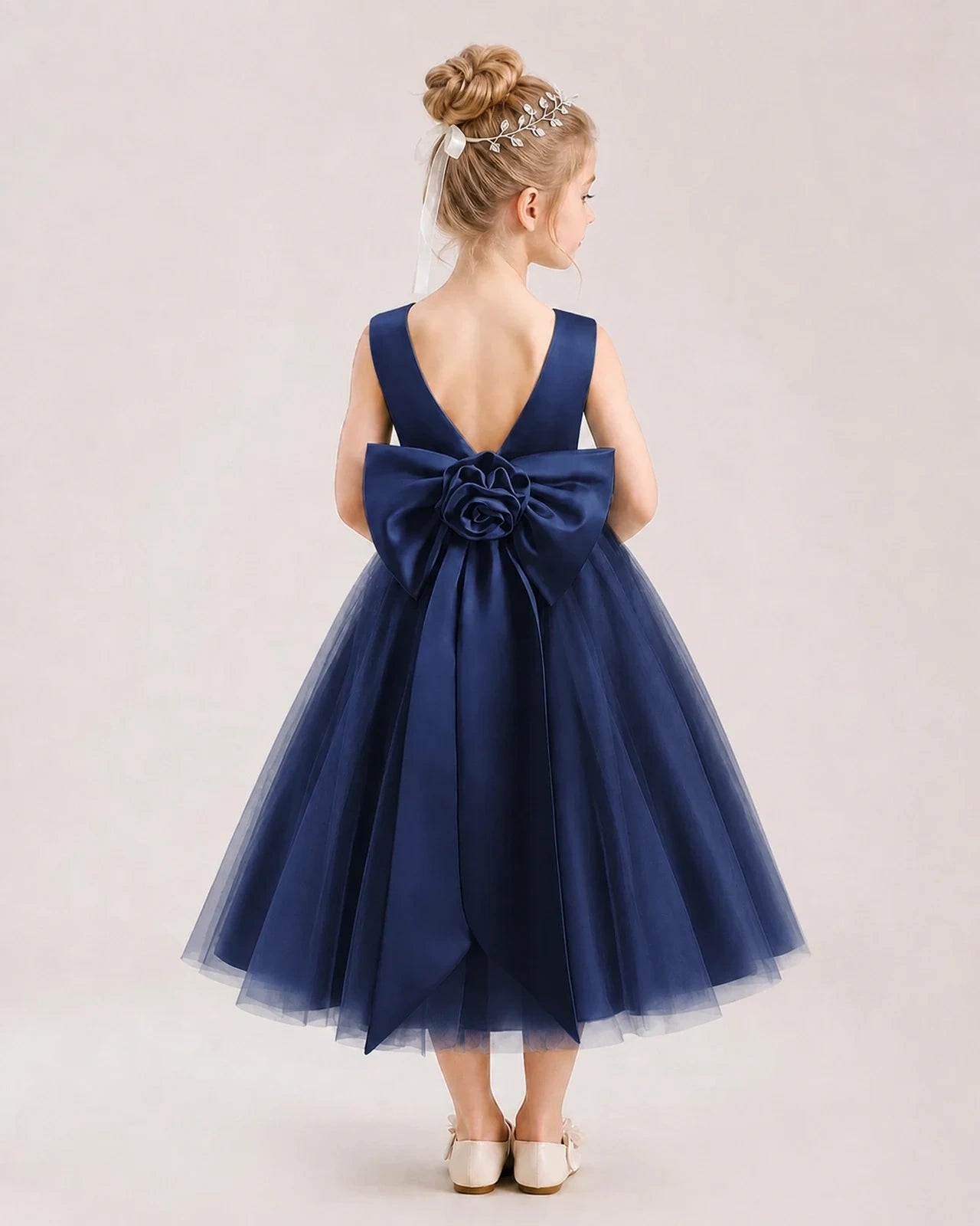 Dideyttawl Satin and Tulle Flower Girl Dress with Back Rose Bow