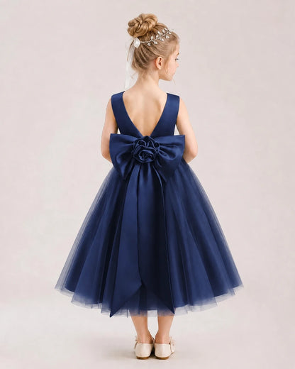Dideyttawl Satin and Tulle Flower Girl Dress with Back Rose Bow