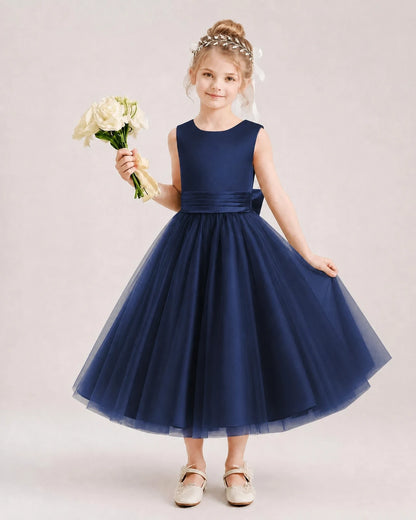 Dideyttawl Satin and Tulle Flower Girl Dress with Back Rose Bow