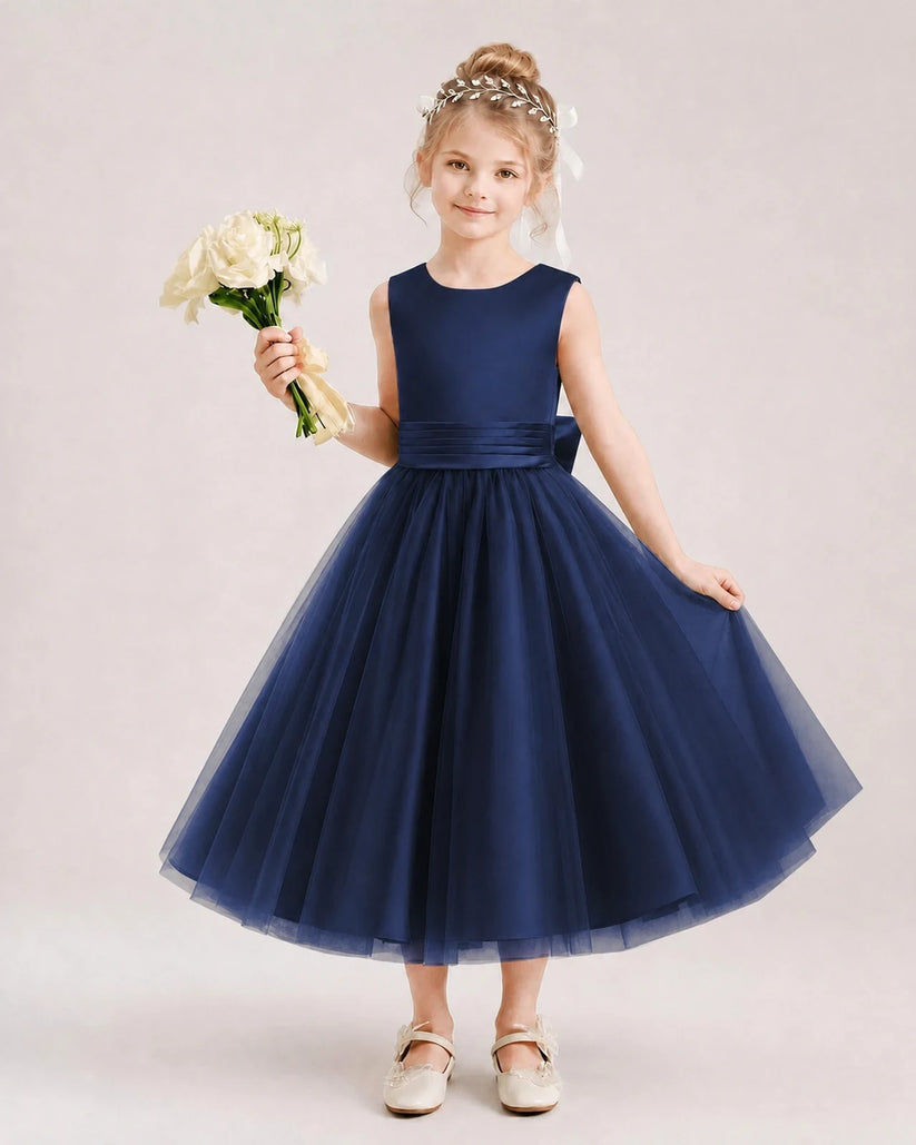 Navy Blue Satin Tulle A-Line Flower Girl Dresses Front View