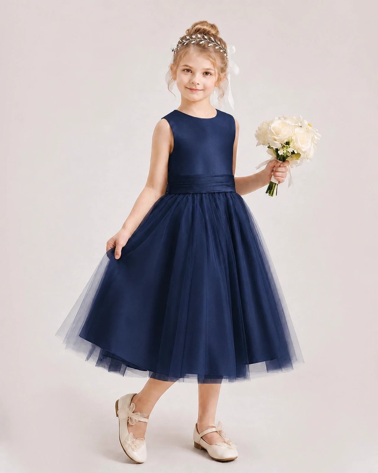 Dideyttawl Satin and Tulle Flower Girl Dress with Back Rose Bow