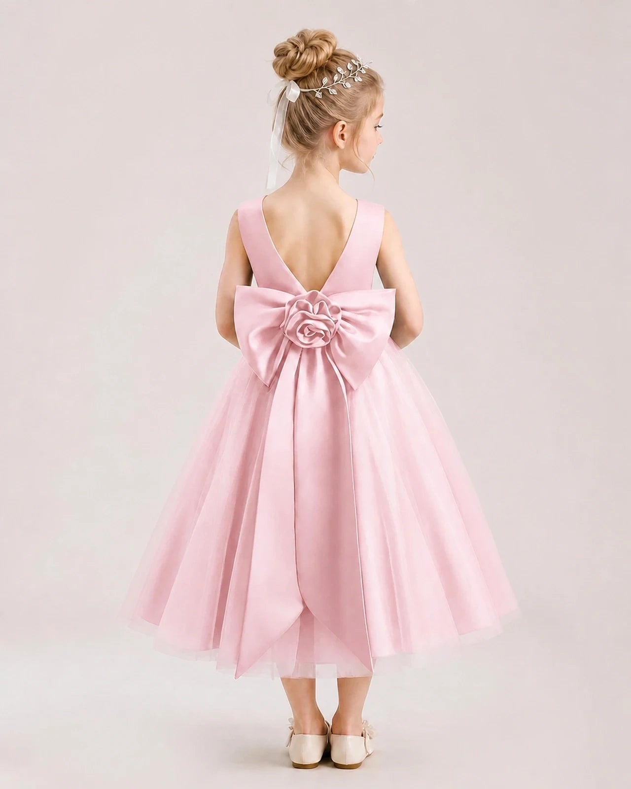 Dideyttawl Satin and Tulle Flower Girl Dress with Back Rose Bow