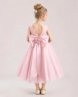 Pink Satin and Tulle V-Back A-Line Flower Girl Dresses Back View