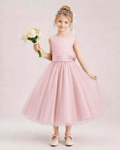 Dideyttawl Satin and Tulle Flower Girl Dress with Back Rose Bow
