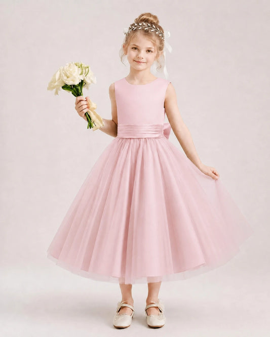 Pink Satin and Tulle A-Line Flower Girl Dresses Front View