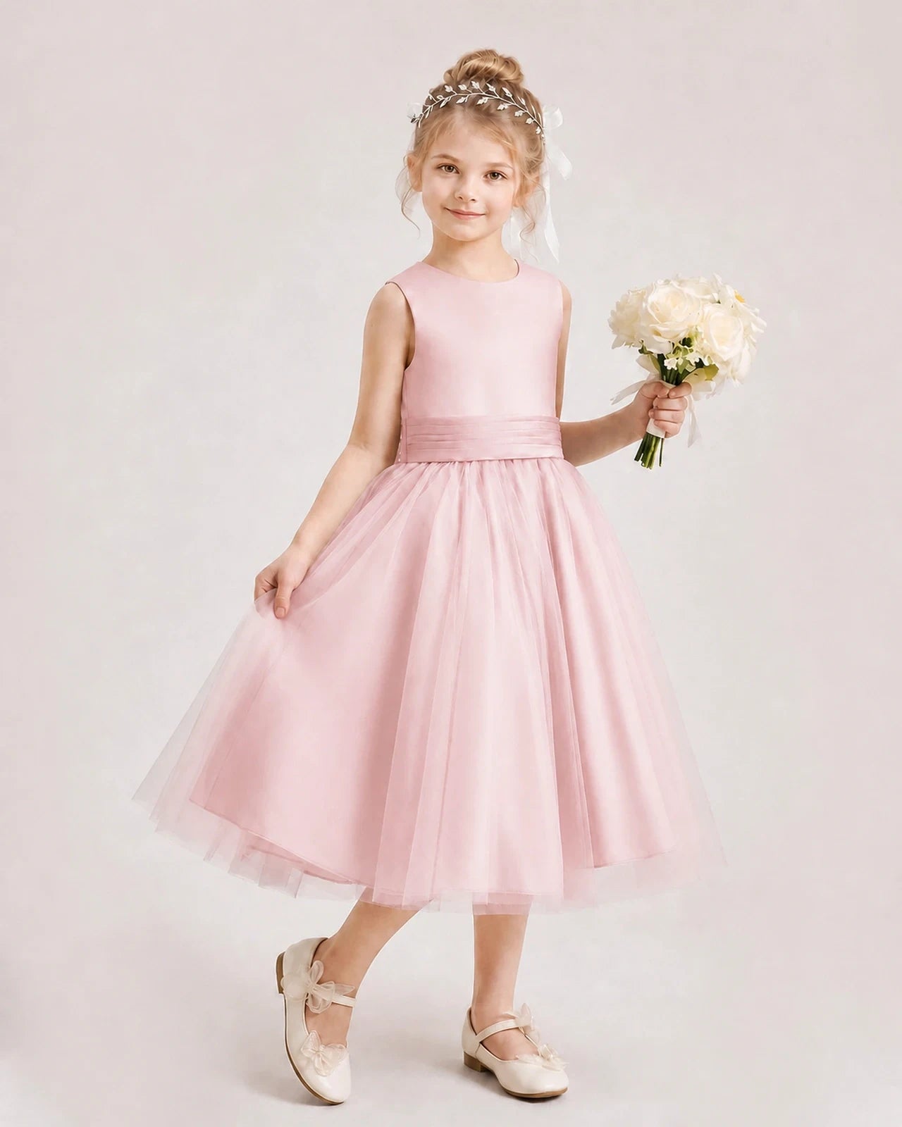Dideyttawl Satin and Tulle Flower Girl Dress with Back Rose Bow