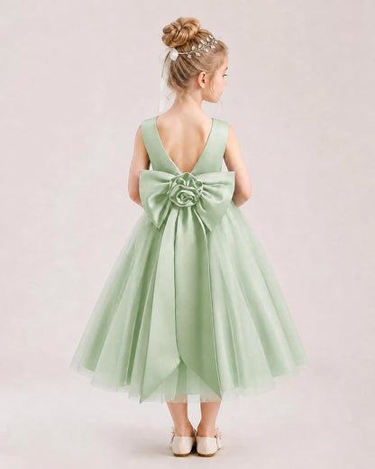 Dideyttawl Satin and Tulle Flower Girl Dress with Back Rose Bow