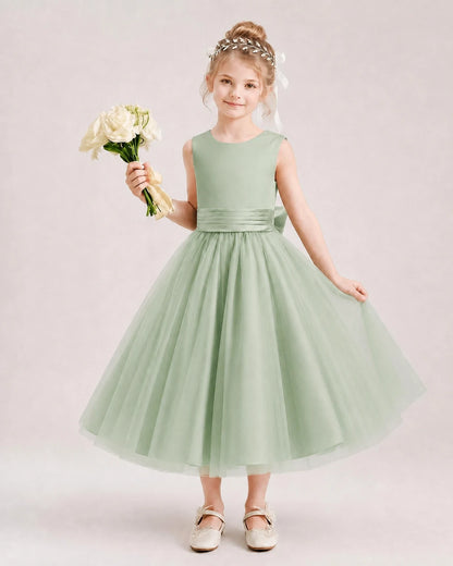 Dideyttawl Satin and Tulle Flower Girl Dress with Back Rose Bow