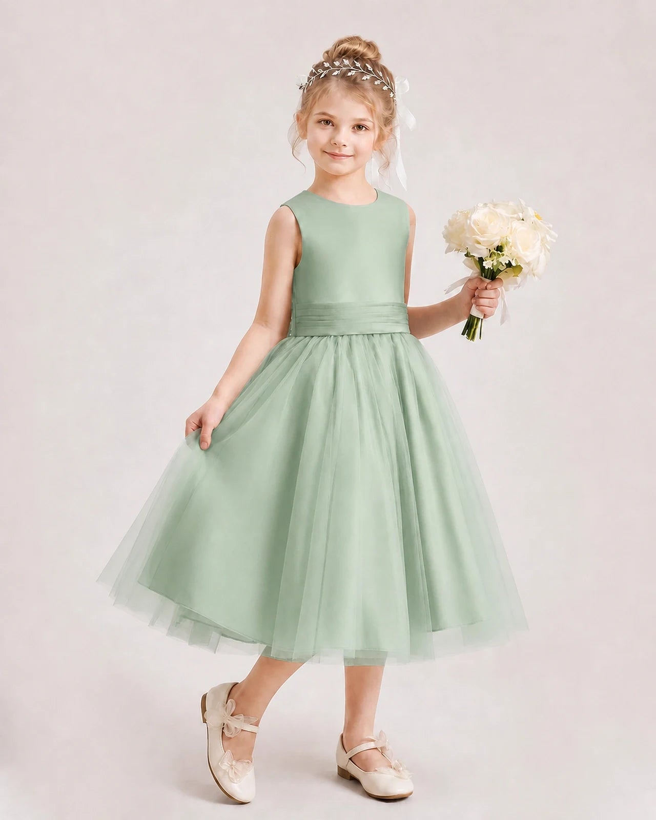 Dideyttawl Satin and Tulle Flower Girl Dress with Back Rose Bow