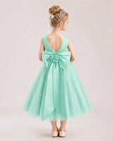 Turquoise Satin and Tulle A-Line Flower Girl Dresses Back View