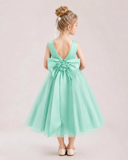 Dideyttawl Satin and Tulle Flower Girl Dress with Back Rose Bow