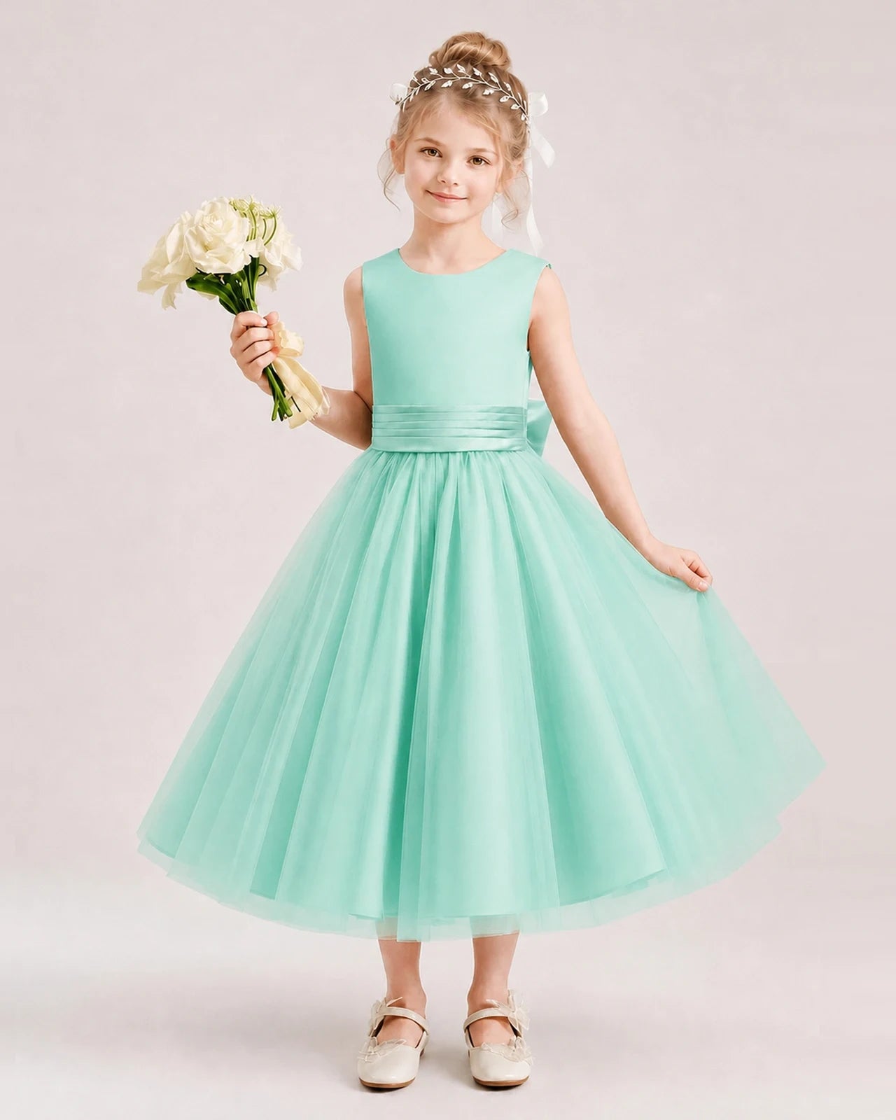 Dideyttawl Satin and Tulle Flower Girl Dress with Back Rose Bow