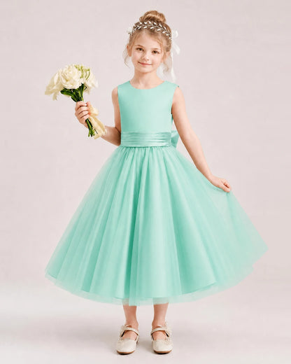 Dideyttawl Satin and Tulle Flower Girl Dress with Back Rose Bow