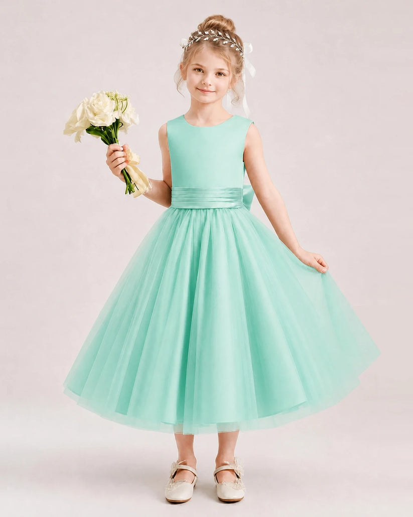 Turquoise Satin Tulle A-Line Flower Girl Dresses Front View