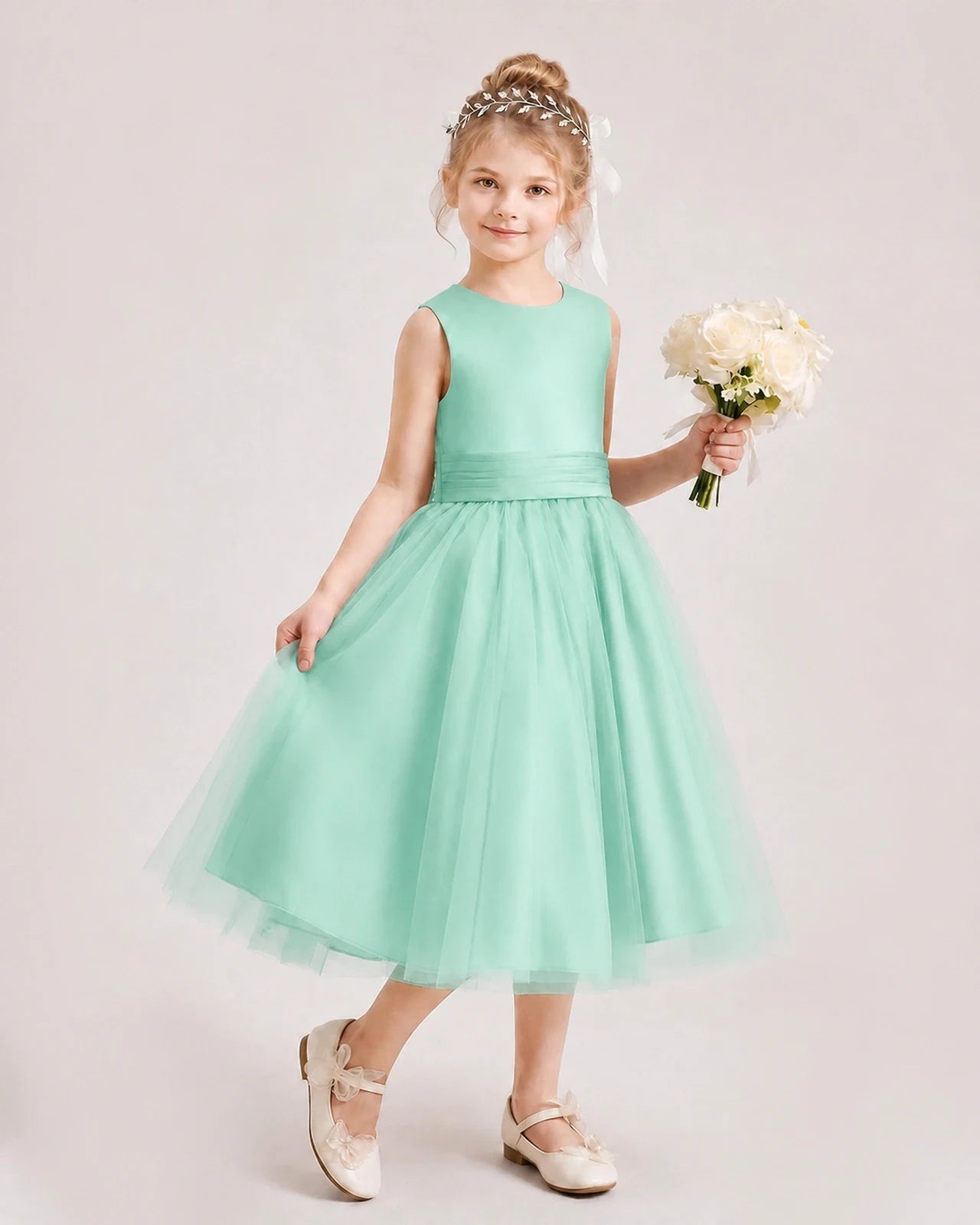 Dideyttawl Satin and Tulle Flower Girl Dress with Back Rose Bow