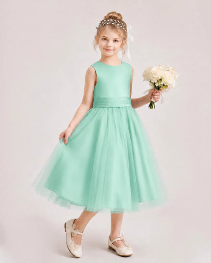 Dideyttawl Satin and Tulle Flower Girl Dress with Back Rose Bow