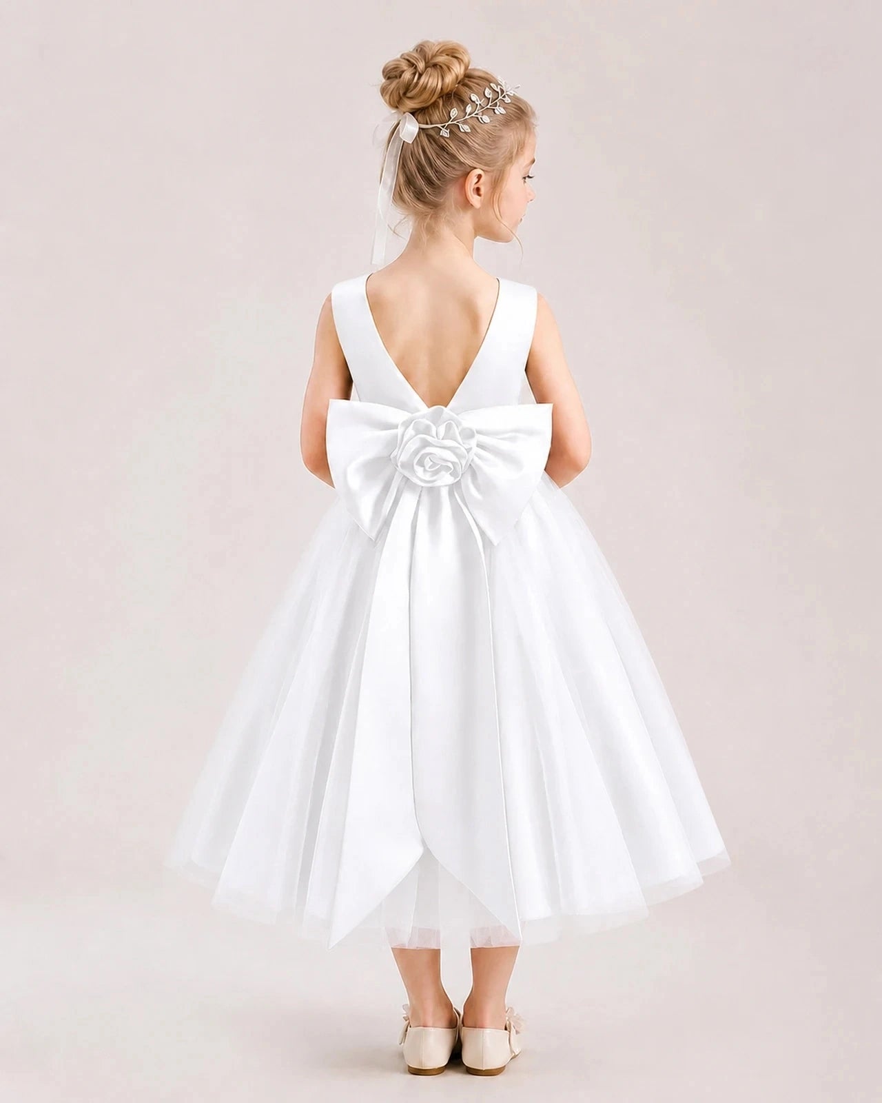 Dideyttawl Satin and Tulle Flower Girl Dress with Back Rose Bow