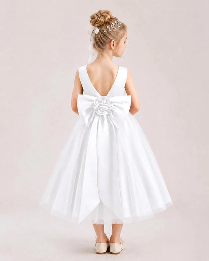 Dideyttawl Satin and Tulle Flower Girl Dress with Back Rose Bow