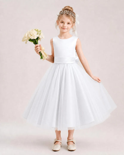 Dideyttawl Satin and Tulle Flower Girl Dress with Back Rose Bow