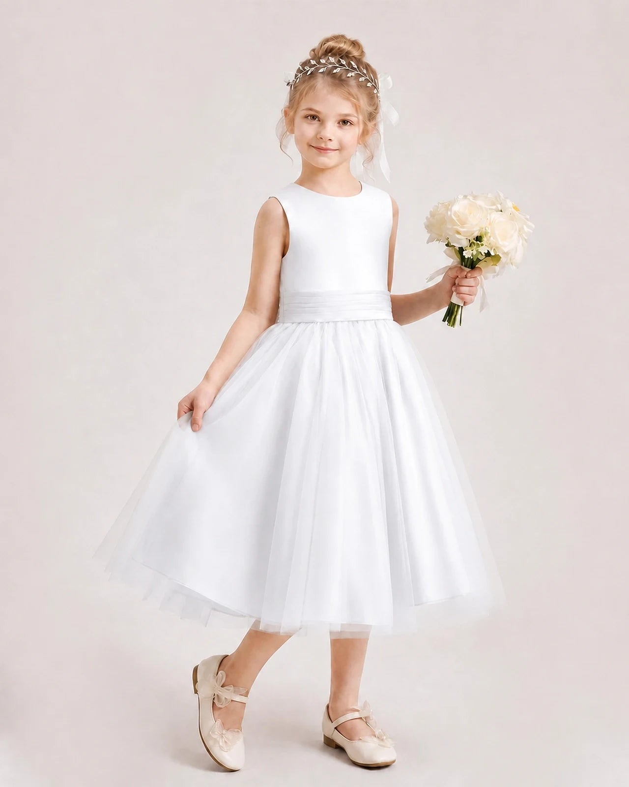 Dideyttawl Satin and Tulle Flower Girl Dress with Back Rose Bow