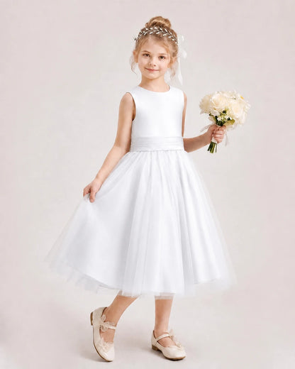 Dideyttawl Satin and Tulle Flower Girl Dress with Back Rose Bow
