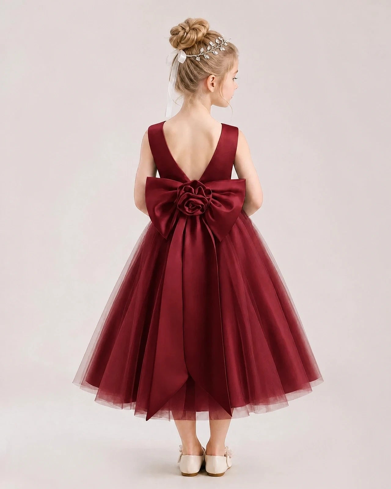 Dideyttawl Satin and Tulle Flower Girl Dress with Back Rose Bow