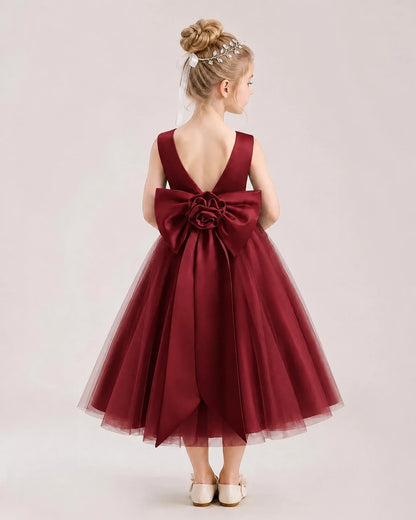 Dideyttawl Satin and Tulle Flower Girl Dress with Back Rose Bow