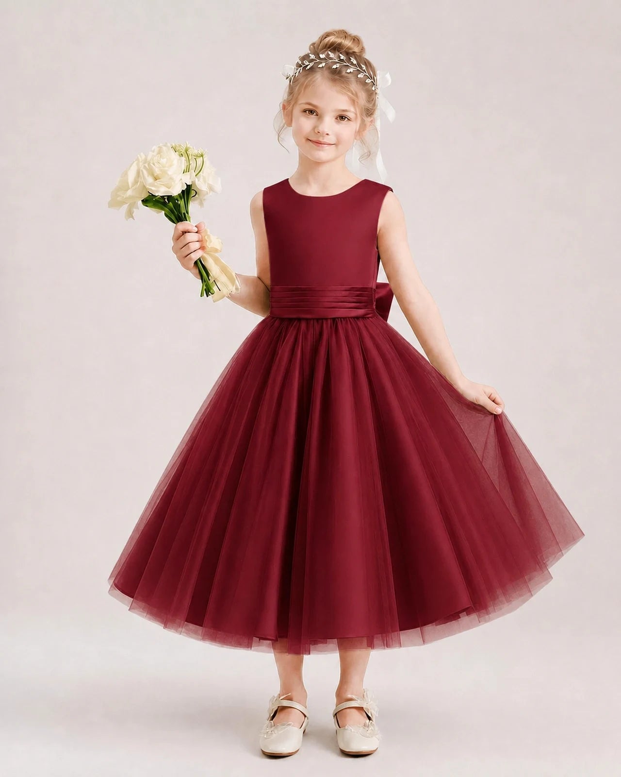 Dideyttawl Satin and Tulle Flower Girl Dress with Back Rose Bow