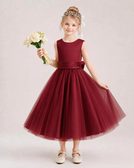 Dideyttawl Satin and Tulle Flower Girl Dress with Back Rose Bow