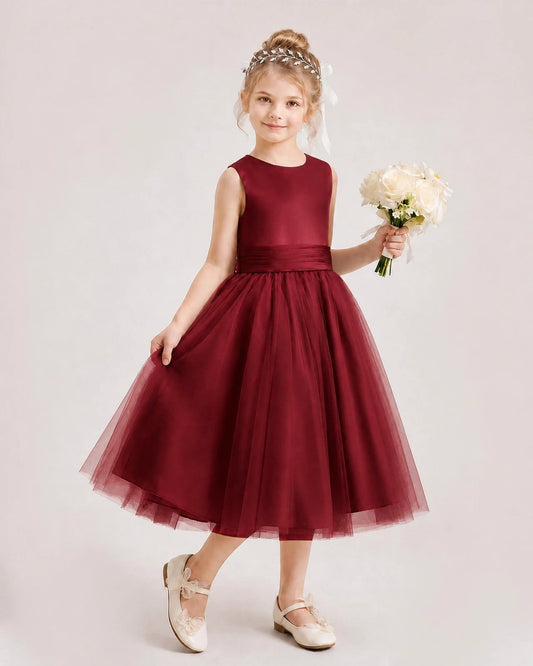 Dideyttawl Satin and Tulle Flower Girl Dress with Back Rose Bow
