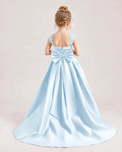 Dideyttawl Pleated Satin Flower Girl Dress with Lace Straps and Big Back Bow