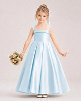 Baby Blue Satin Pleated Flower Girl Dress Front View