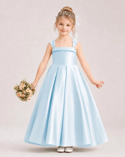 Dideyttawl Pleated Satin Flower Girl Dress with Lace Straps and Big Back Bow