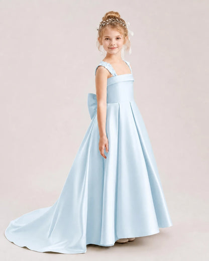 Dideyttawl Pleated Satin Flower Girl Dress with Lace Straps and Big Back Bow