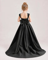 Black Satin Bow Flower Girl Dress Back View