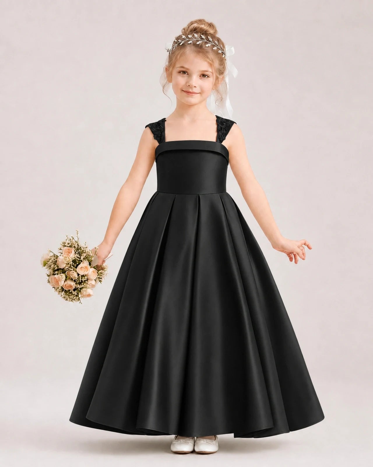 Dideyttawl Pleated Satin Flower Girl Dress with Lace Straps and Big Back Bow