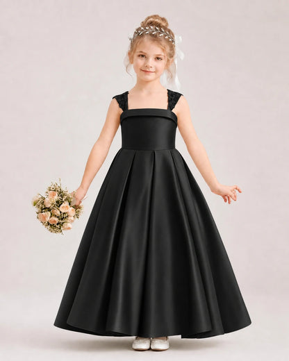 Dideyttawl Pleated Satin Flower Girl Dress with Lace Straps and Big Back Bow