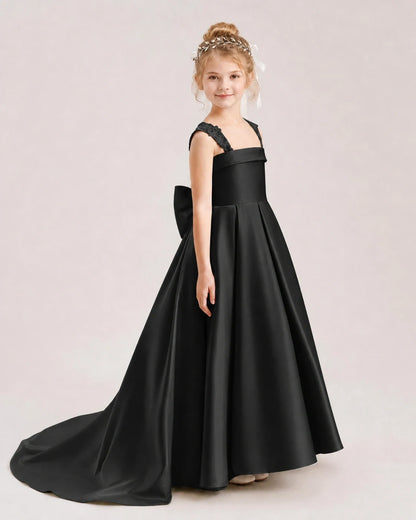 Dideyttawl Pleated Satin Flower Girl Dress with Lace Straps and Big Back Bow
