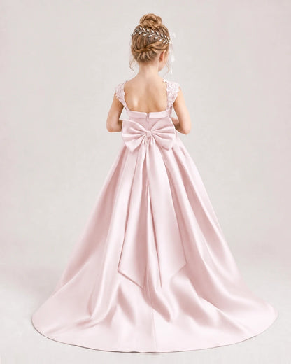 Dideyttawl Pleated Satin Flower Girl Dress with Lace Straps and Big Back Bow