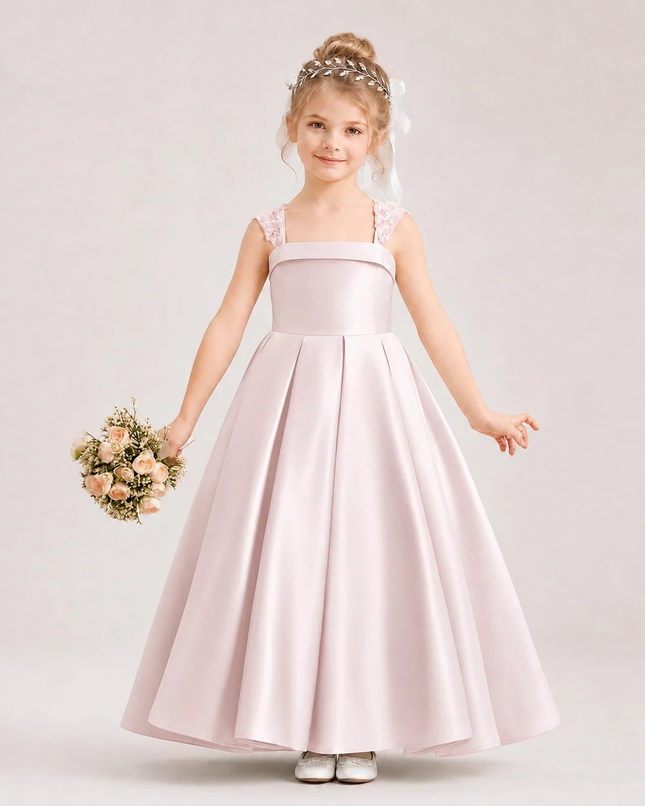 Dideyttawl Pleated Satin Flower Girl Dress with Lace Straps and Big Back Bow