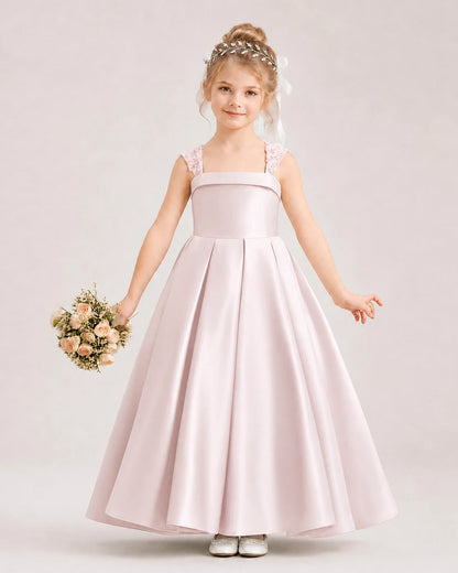 Dideyttawl Pleated Satin Flower Girl Dress with Lace Straps and Big Back Bow