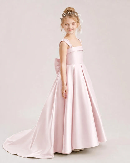 Dideyttawl Pleated Satin Flower Girl Dress with Lace Straps and Big Back Bow