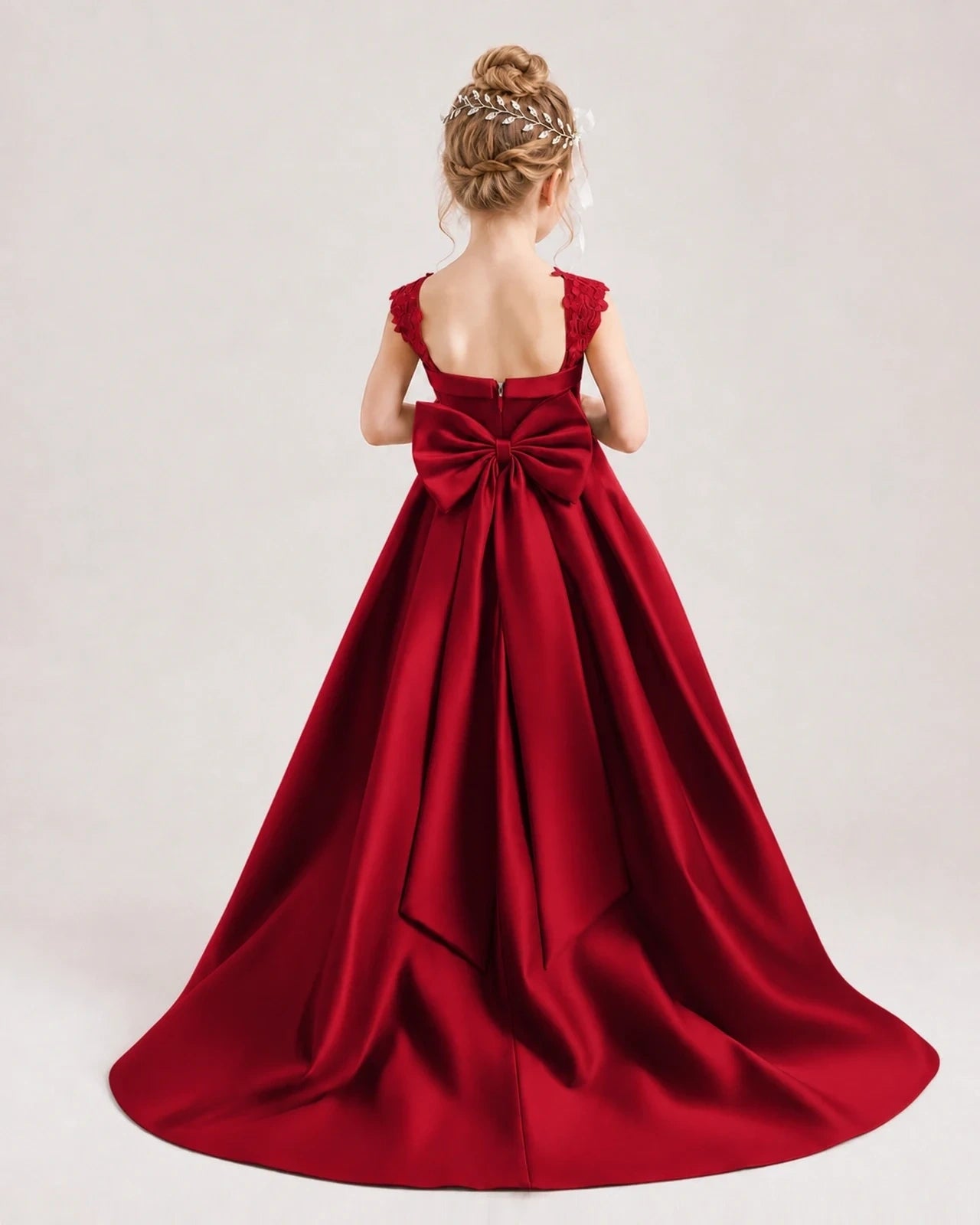 Dideyttawl Pleated Satin Flower Girl Dress with Lace Straps and Big Back Bow
