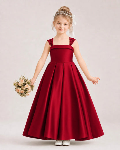 Dideyttawl Pleated Satin Flower Girl Dress with Lace Straps and Big Back Bow