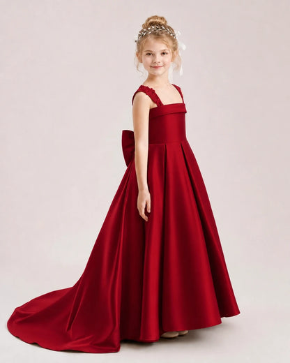 Dideyttawl Pleated Satin Flower Girl Dress with Lace Straps and Big Back Bow