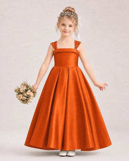 Dideyttawl Pleated Satin Flower Girl Dress with Lace Straps and Big Back Bow