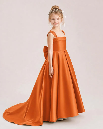 Dideyttawl Pleated Satin Flower Girl Dress with Lace Straps and Big Back Bow