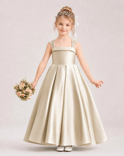 Dideyttawl Pleated Satin Flower Girl Dress with Lace Straps and Big Back Bow